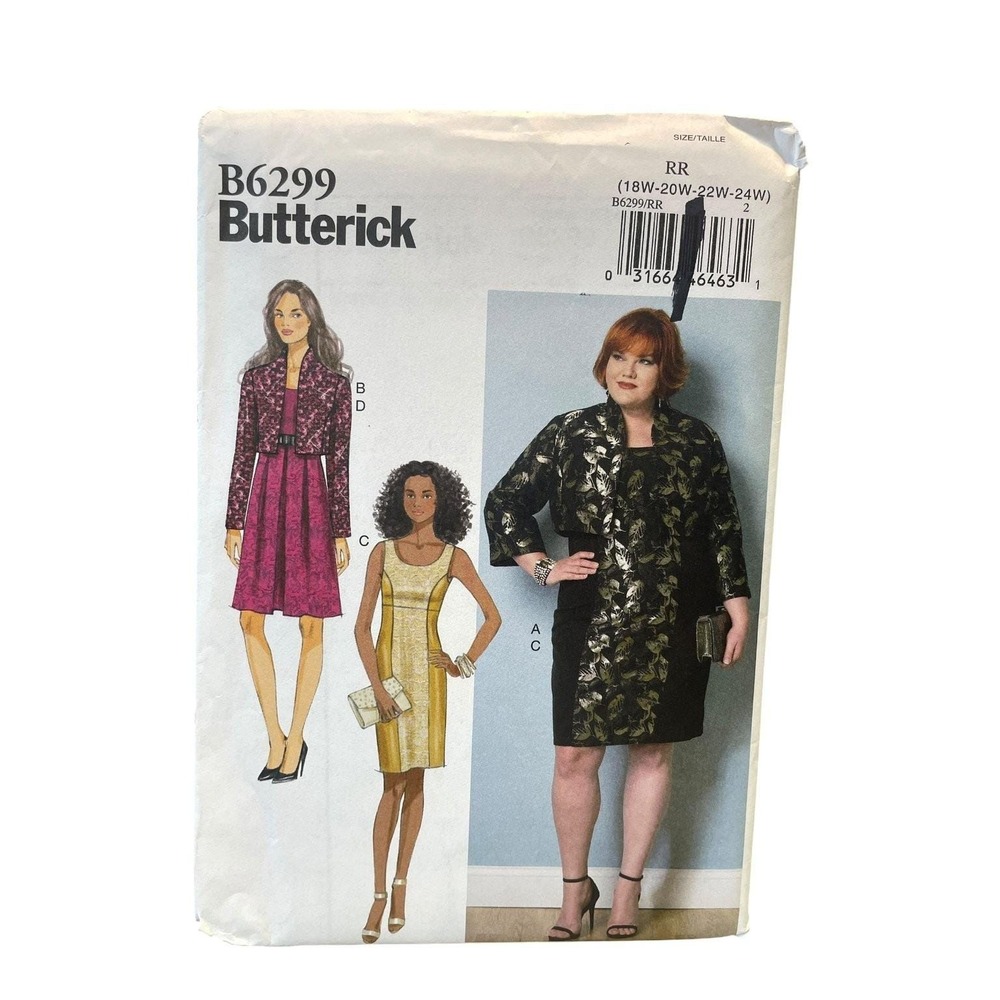 Butterick B6299 Jacket Dress Plus Size 18W-24W Womens Sewing Pattern Uncut